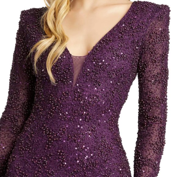 MAC DUGGAL 5177 ILLUSIONS PLUNGE NECK LONG SLEEVE PLUM GOWN sz 4 - Picture 3 of 6